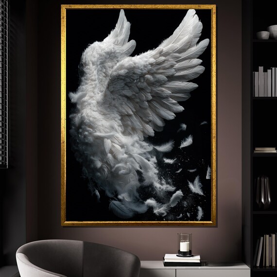 Angel Wings Canvas Painting, White Feather Wall Art, Spiritual Elegant Wall Decor, Celestial Angelic Print, Living Room Decor, Perfect Gift