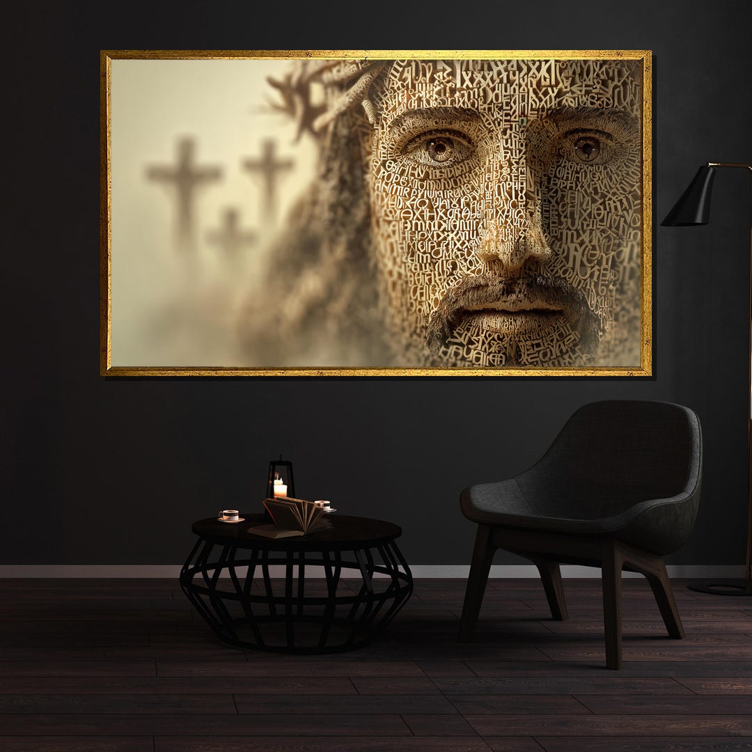 Jesus Christ Canvas Painting, Religious Wall Art With Typography Face ...