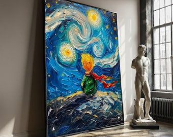 Starry Night with Little Prince Canvas, Colorful Impasto Wall Art, Night Sky Painting, Whimsical Home Decor, Fantasy Canvas Art, Gift Idea