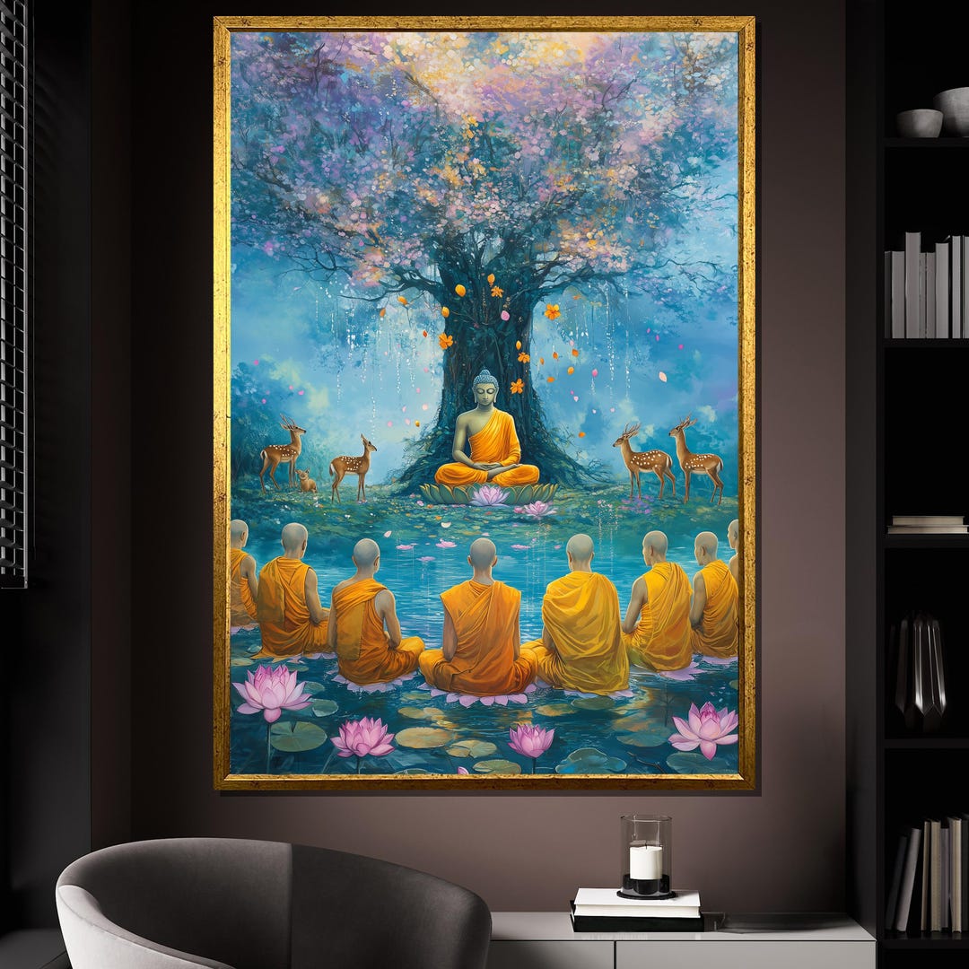 Buddha Canvas Painting, Spiritual Wall Art With Monks and Lotus Flowers ...