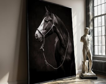 Elegante tela con ritratto di cavallo in bianco e nero, decorazione murale equina, decorazione rustica con animali, tela in stile fattoria, opera d'arte pronta da appendere