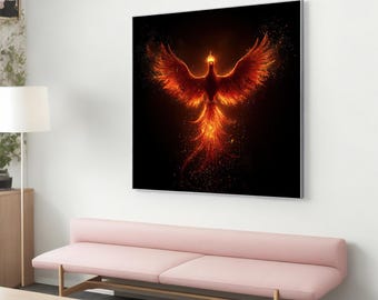 Phoenix Leinwand Gemälde, glühende Feuervogel Wandkunst mit schwarzem Hintergrund, mythische Phoenix Kunst Wohnkultur, Phoenix Poster, perfektes Geschenk