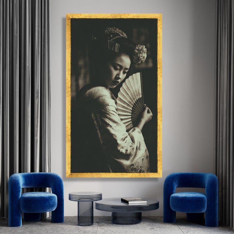 Elegant Japanese Geisha Portrait Canvas, Vintage Style Kimono Wall Art ...
