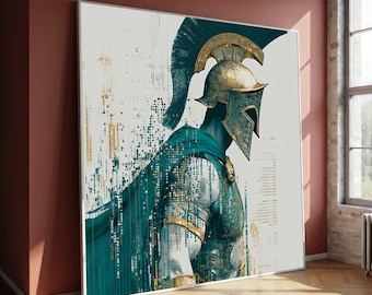 Oude krijger canvas schilderij, Griekse Spartaanse muurkunst, gouden groenblauw helm artwork, modern historisch decor, gladiatorpantser print, kunstcadeau