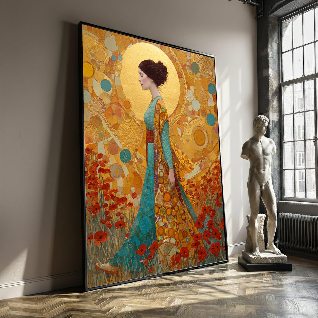 Gustav Klimt Woman in Mosaic Dress Canvas, Gold Circle Background Wall ...