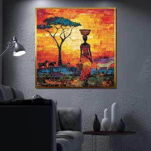 African Woman Canvas Painting, Sunset Safari Wall Art with Zebras and Trees, Ethnic Tribal Artwork, Cultural Home Decor, Perfect Gift