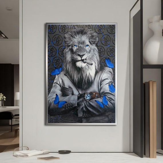 mountain lion smoking a cigarette Blue Eyed Lion Smoking Cigar Canvas Print, Striking Businessman Lion Wall  Art, Office Decor, Unique Lion Lover Gift