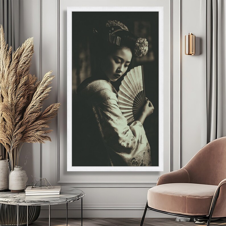 Elegant Japanese Geisha Portrait Canvas, Vintage Style Kimono Wall Art ...