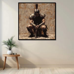 May include: A painting of a warrior in armor kneeling with a sword in his hands. The warrior is wearing a helmet with a plume and is surrounded by a brown background.