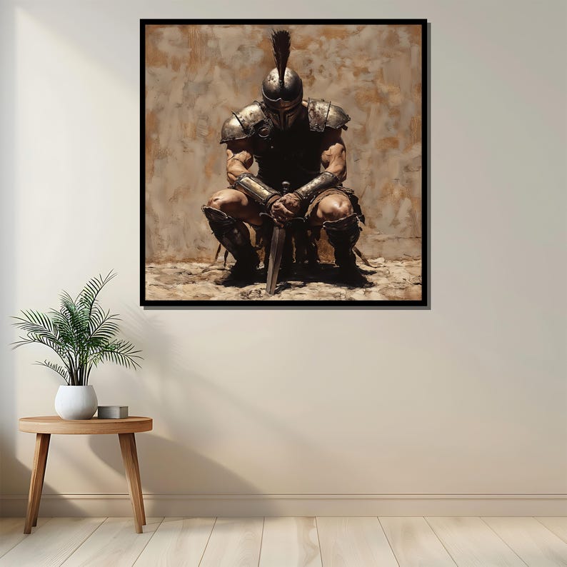 May include: A painting of a warrior in armor kneeling with a sword in his hands. The warrior is wearing a helmet with a plume and is surrounded by a brown background.