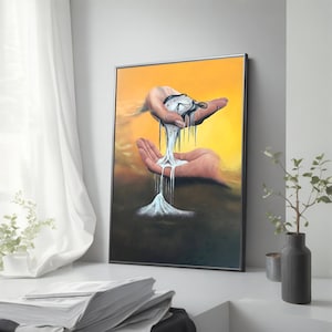 May include: A surreal painting of a hand holding a melting pocket watch, with the melted time dripping onto a pile of sand. The background is a yellow and orange sky with clouds.