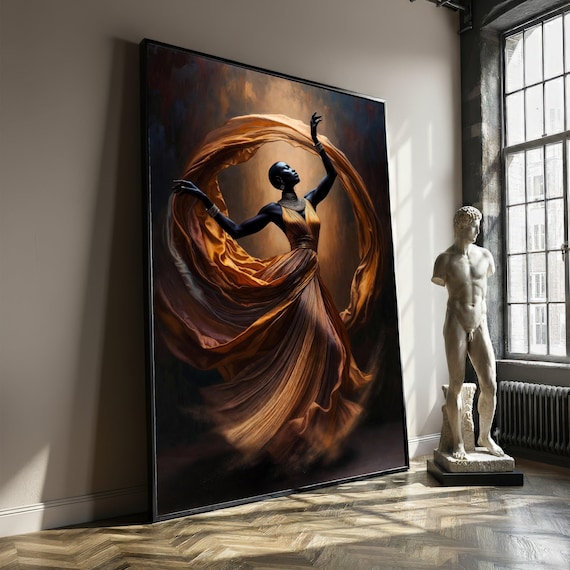 Elegant African Woman Dancing Canvas, Flowing Dress Wall Art, Ethnic Fashion Portrait, Modern Home Decor Canvas, Graceful Movement Painting