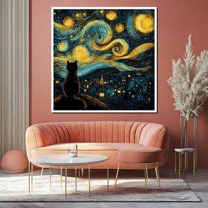 May include: A framed art print depicting a black cat silhouette overlooking a village under a swirling night sky. The artwork features a vibrant color palette of blues, yellows, and blacks, reminiscent of Van Gogh's style.
