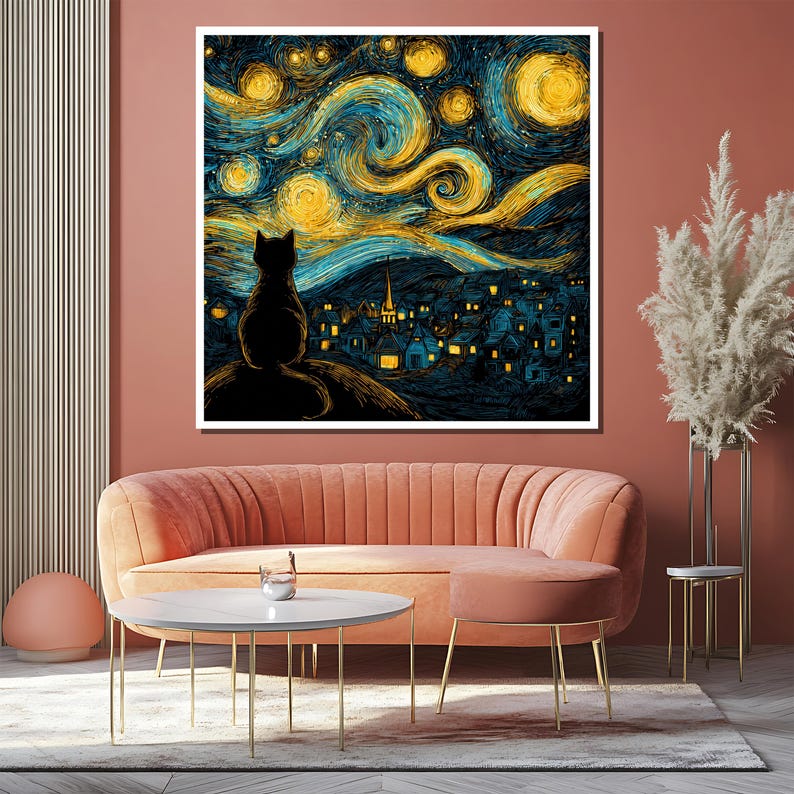 May include: A framed art print depicting a black cat silhouette overlooking a village under a swirling night sky. The artwork features a vibrant color palette of blues, yellows, and blacks, reminiscent of Van Gogh's style.