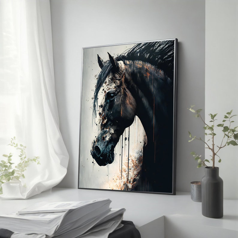 May include: A black and white abstract painting of a horse's head. The horse has a white spot on its face and a black mane. The background is a light gray with splashes of color.