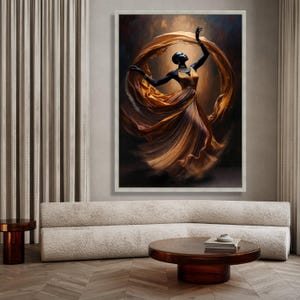 Elegant African Woman Dancing Canvas, Flowing Dress Wall Art, Ethnic Fashion Portrait, Modern Home Decor Canvas, Graceful Movement Painting image 3