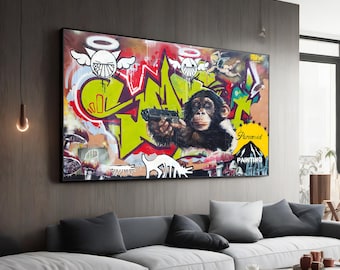 Banksy Monkey Graffiti Canvas Painting - Urban Street Art for Modern Wall Decor, Unique Housewarming Gift