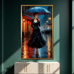 Elegant Woman with Umbrella Canvas Painting, Rainy Street Wall Art, Fashion Woman Artwork, Modern Home Decor, Unique Gift