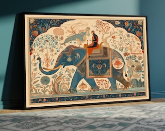 Indian Elephant Canvas Painting, Ethnic Wall Art with Royal Rider and Floral Motifs, Traditional Oriental Decor, Cultural Folk Art Gift