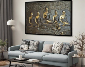 Buddha Sculpture Print, Gold Meditation Poster, Abstract Asian Canvas Painting for Tranquil Wall Decor, Gold Printed, Spiritual Gift