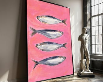 Colorful Fish Canvas Painting, Pink Background Wall Decor, Whimsical Sardine Illustration, Coastal Kitchen Artwork, Fun Art Gift