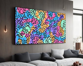 Colorful People by Keith Haring Canvas Painting, Modern Urban Wall Art, Decorative Framed Canvas for Living Room Decor, Gift Idea