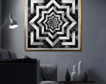 Black and White Optical Illusion Canvas Painting, Bold Geometric Wall Art, Modern Trippy Home Decor, Unique Abstract Gift Idea