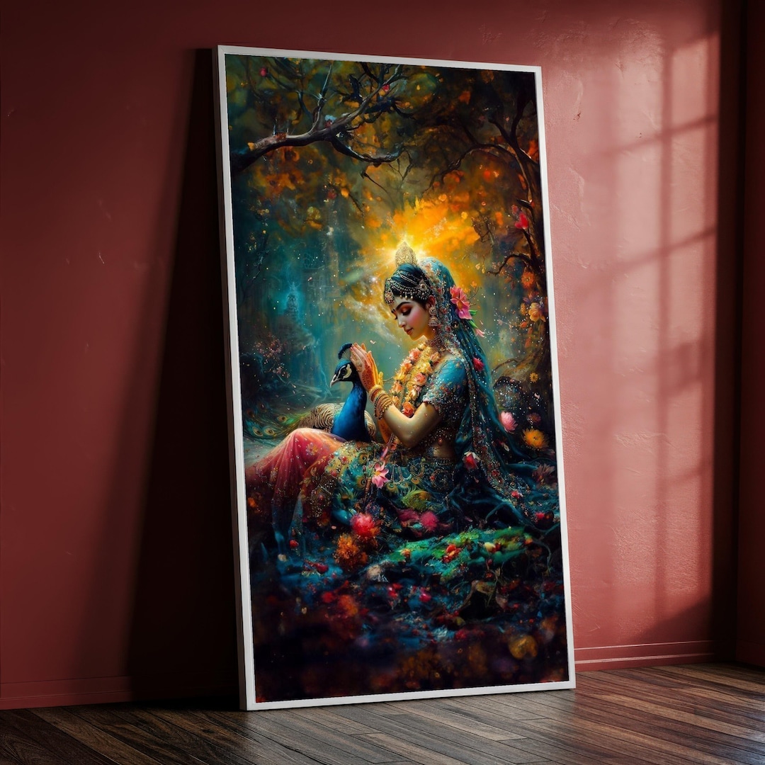Radha Krishna Canvas Painting, Hindu Goddess Wall Art With Peacock ...