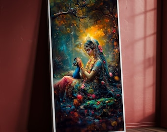 Radha Krishna Canvas Painting, Hindu Goddess Wall Art with Peacock, Spiritual Indian Decor, Divine Forest Scene Artwork, Sacred Art Gift