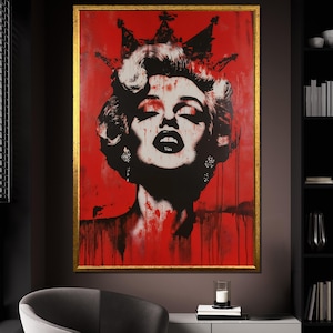 Dipinto su tela di Marilyn Monroe, graffiti rossi da parete con corona, decorazione moderna di street art, ritratto pop art, regalo unico