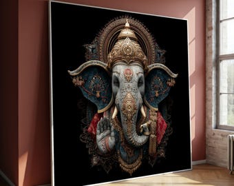 Ornate Ganesha Elephant Canvas Wall Art, Hindu Deity Decor, Spiritual Indian Gods Canvas, Intricate Golden Detailing, Sacred Home Decoration