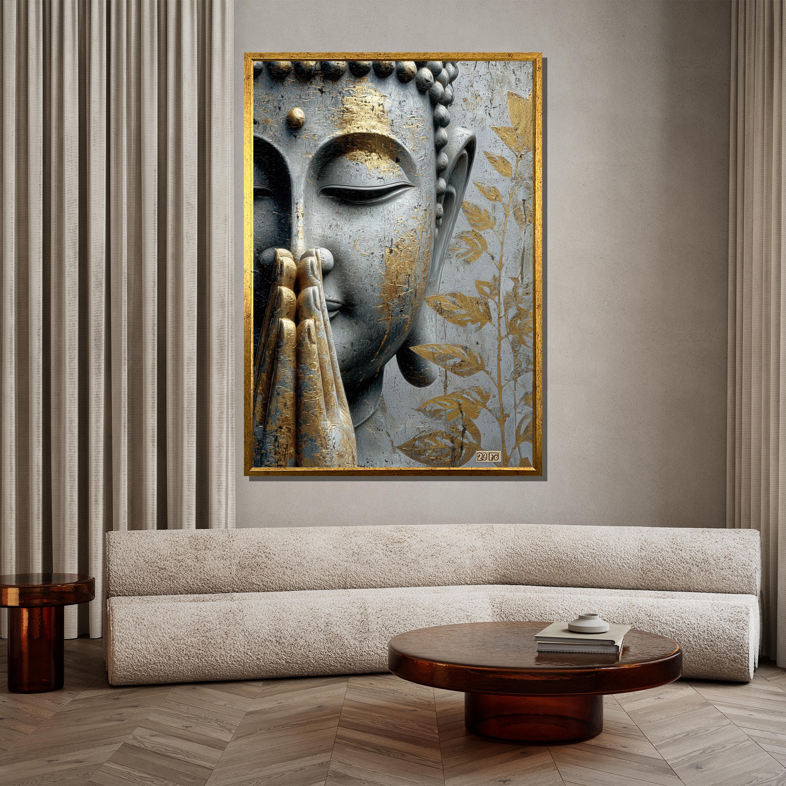 Cuadro En Lienzo De Buda En Amarillo Mostaza Y Gris Plata, 120x50 Cm - Listo Para Colgar
