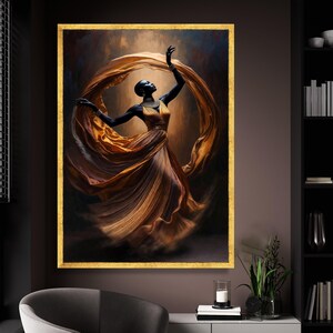 Elegant African Woman Dancing Canvas, Flowing Dress Wall Art, Ethnic Fashion Portrait, Modern Home Decor Canvas, Graceful Movement Painting image 2