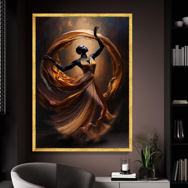 Elegant African Woman Dancing Canvas, Flowing Dress Wall Art, Ethnic Fashion Portrait, Modern Home Decor Canvas, Graceful Movement Painting image 2