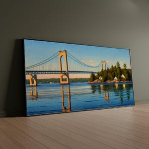 Quadro su tela con ponte sospeso costiero, serena scena sul lungomare, decorazione murale per baita sull'isola, tranquillo riflesso sul fiume, stampa su tela per arredamento domestico.