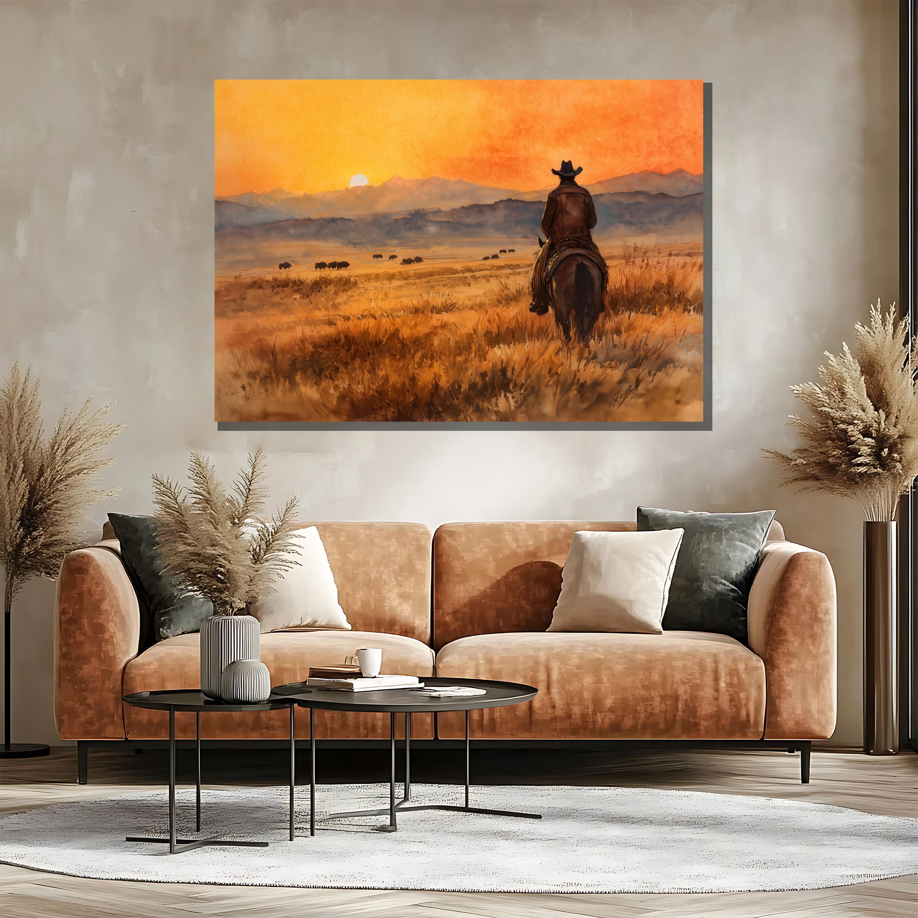 Cowboy Canvas Painting, Western Horse Rider Art, Sunset Prairie ...