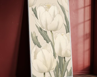 Elegant White Tulip Canvas Wall Art, Botanical Floral Print, Neutral Home Decor, Nature Illustration Canvas, Ready to Hang Art, Gift Idea