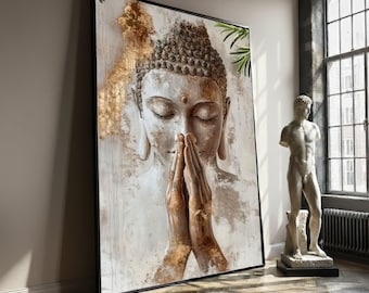 Serene Buddha Prayer Pose Canvas, Spiritual Meditation Wall Art, Tranquil Home Decor, Zen Canvas, Peaceful Buddha Statue Print, Art Gift