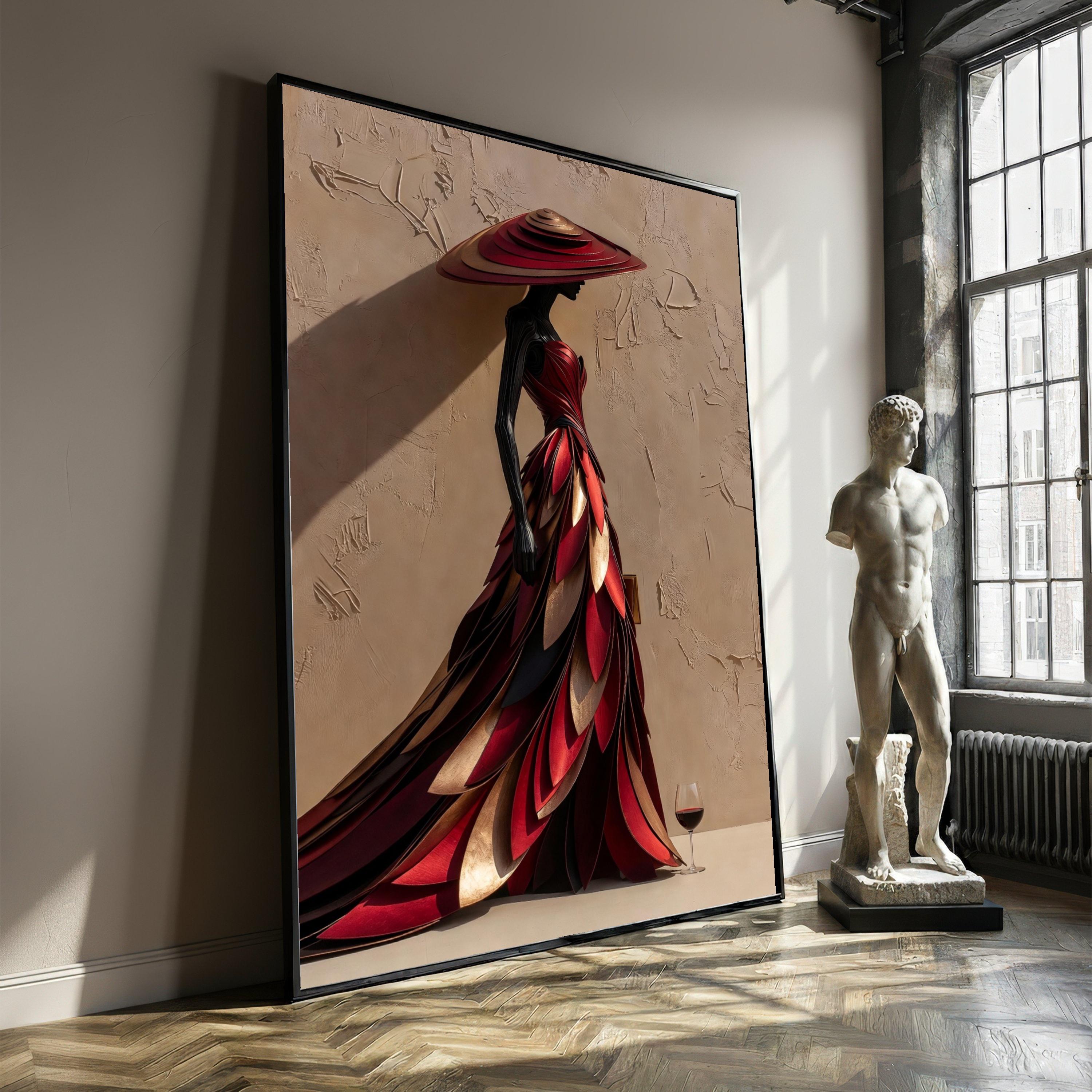 Elegant Woman in Red Feathered Dress Canvas, Abstract Fashion Art ...