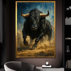 Stier Leinwanddruck, Krafttier, Krafttier, Spanische Toro-Wanddekoration, Kraftsymbol Kunstwerk, Stierdruck, mutiger Hausakzent, Kunstgeschenk
