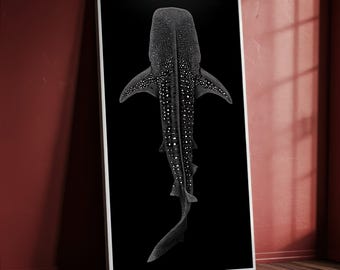 Whale Shark Canvas Painting, Black Ocean Wall Art, Minimalist Sea Animal Artwork, Modern Shark Decor, Ready to Hang Art, Marine Life Gift