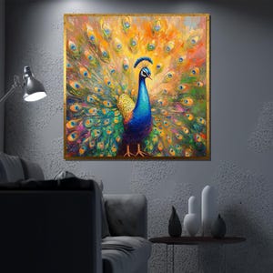 Vibrant Peacock Canvas Art Print, Colorful Bird Wall Decor for Living Room, Bright Feathered Animal Painting, Unique Home Gift