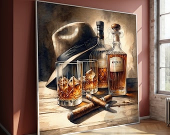Vintage Whiskey and Cigar Still Life Canvas, Classic Glass Decanter Wall Art, Rustic Home Bar Decor, Stylish Canvas Wall Decor, Perfect Gift