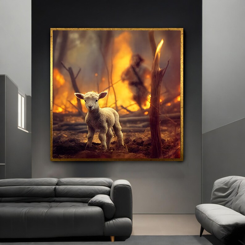 May include: A small, white lamb stands in a field of burnt trees and brush. The lamb is looking directly at the camera. The background is a hazy orange and yellow, suggesting a recent fire.