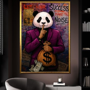 Obraz na płótnie Panda w fioletowym garniturze, sztuka ścienna z torbą za dolara i motywującym tekstem, nowoczesny wystrój pop-artu, odważny, wyjątkowy prezent