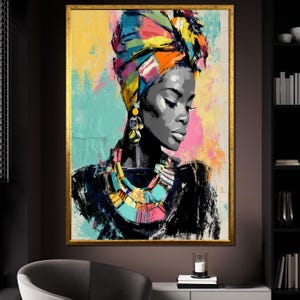 African Woman Canvas Painting with Colorful Headwrap, Bold Afrocentric Wall Art for Living Room, Vibrant Ethnic Home Decor, Perfect Gift