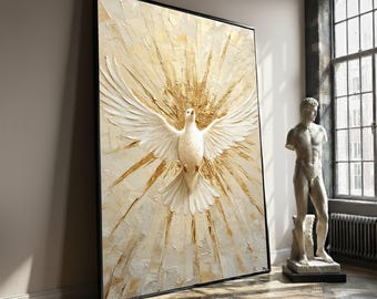 Holy Spirit Dove Canvas Painting, Gold White Religious Wall Art, Christian Home Decor, Spiritual Faith Artwork, Perfect Gift