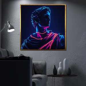 Neon Roman Bust Canvas Painting, Futuristic Greek Statue Wall Art, Cyberpunk Sculpture Poster, Bold Color Decor, Modern Art Gift