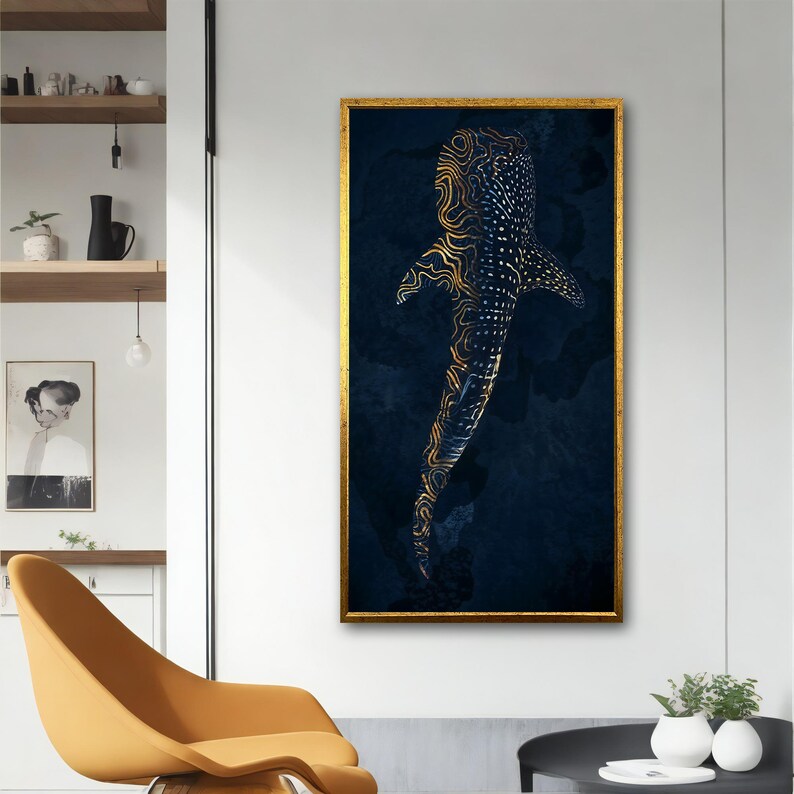 May include: An abstract art print of a whale shark in gold and blue. The shark is outlined in gold and has a dark blue background.