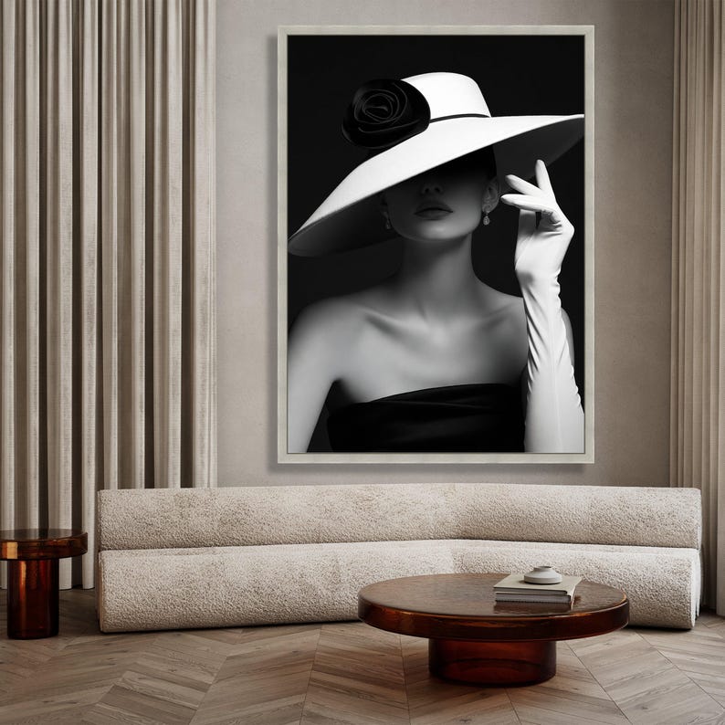 Elegant Black and White Fashion Portrait Canvas, Woman With Wide Brim ...